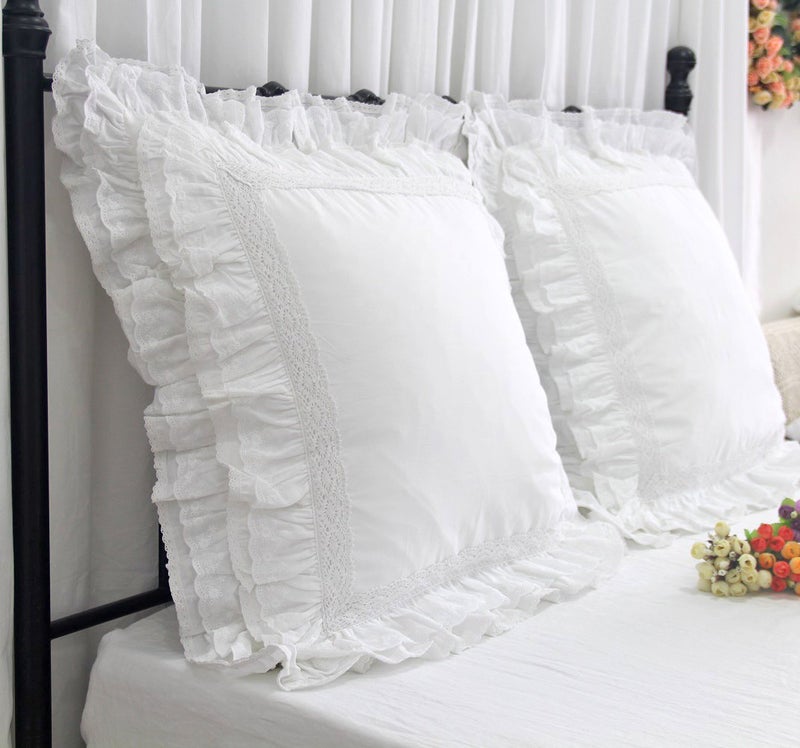 QSH Queen's House Luxury Lace White Euro Shams Pillow Covers 26x26 Set of 2-M - Image 3